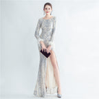 High-density ostrich hair beads long-sleeved fishtail high-end evening dress