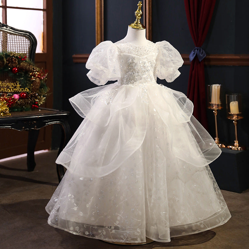 Kommunionskleid, elegantes weißes Paillettenkleid für Mädchen, festliches Prinzessinnenkleid 