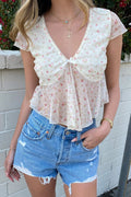 Solid V Neck Floral Mesh Blouse