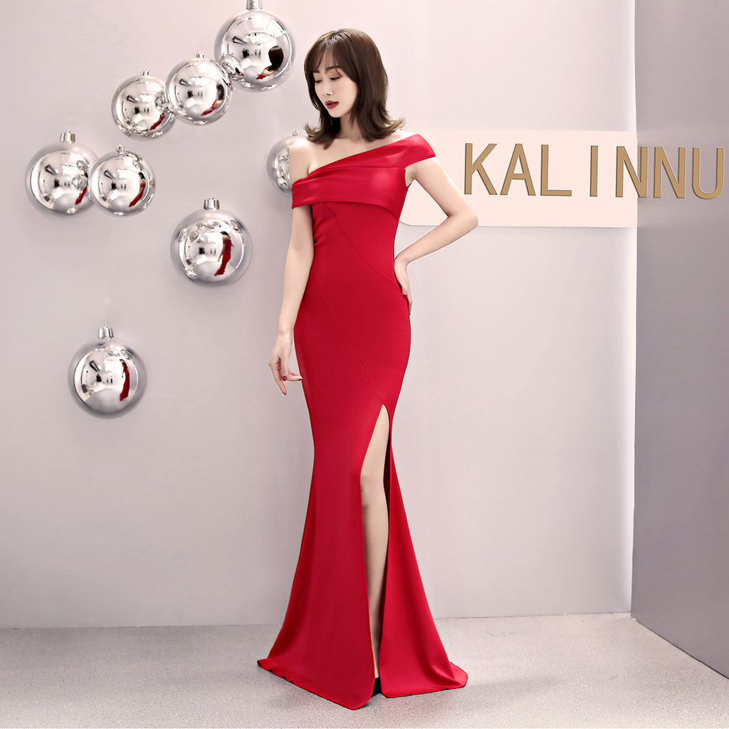 One-word shoulder banquet evening dress women's fashion party long elegant and thin sexy fishtail dress