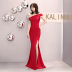 One-word shoulder banquet evening dress women's fashion party long elegant and thin sexy fishtail dress
