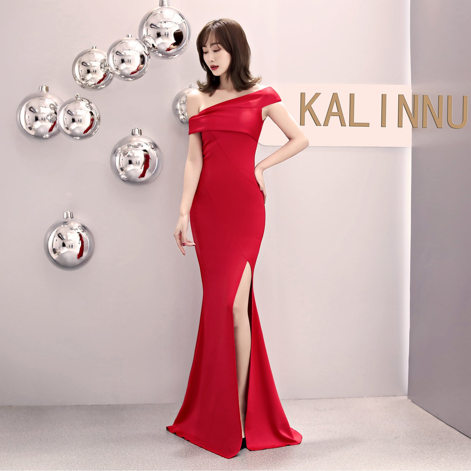 One-word shoulder banquet evening dress women's fashion party long elegant and thin sexy fishtail dress