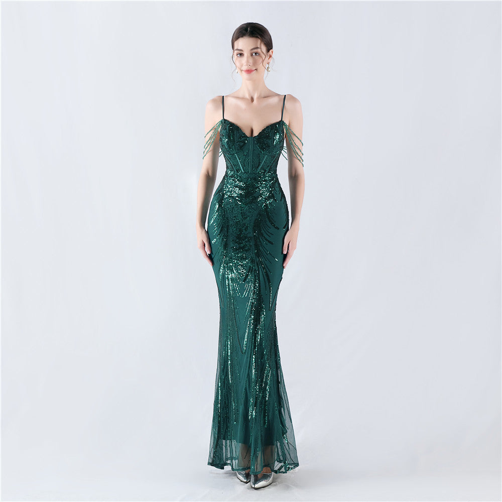 New waist fish bone shaping positioning flower beads live streaming host sexy bead suspender evening dress