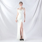 New double-tied waist-shaped ear-adjusted satin evening dress