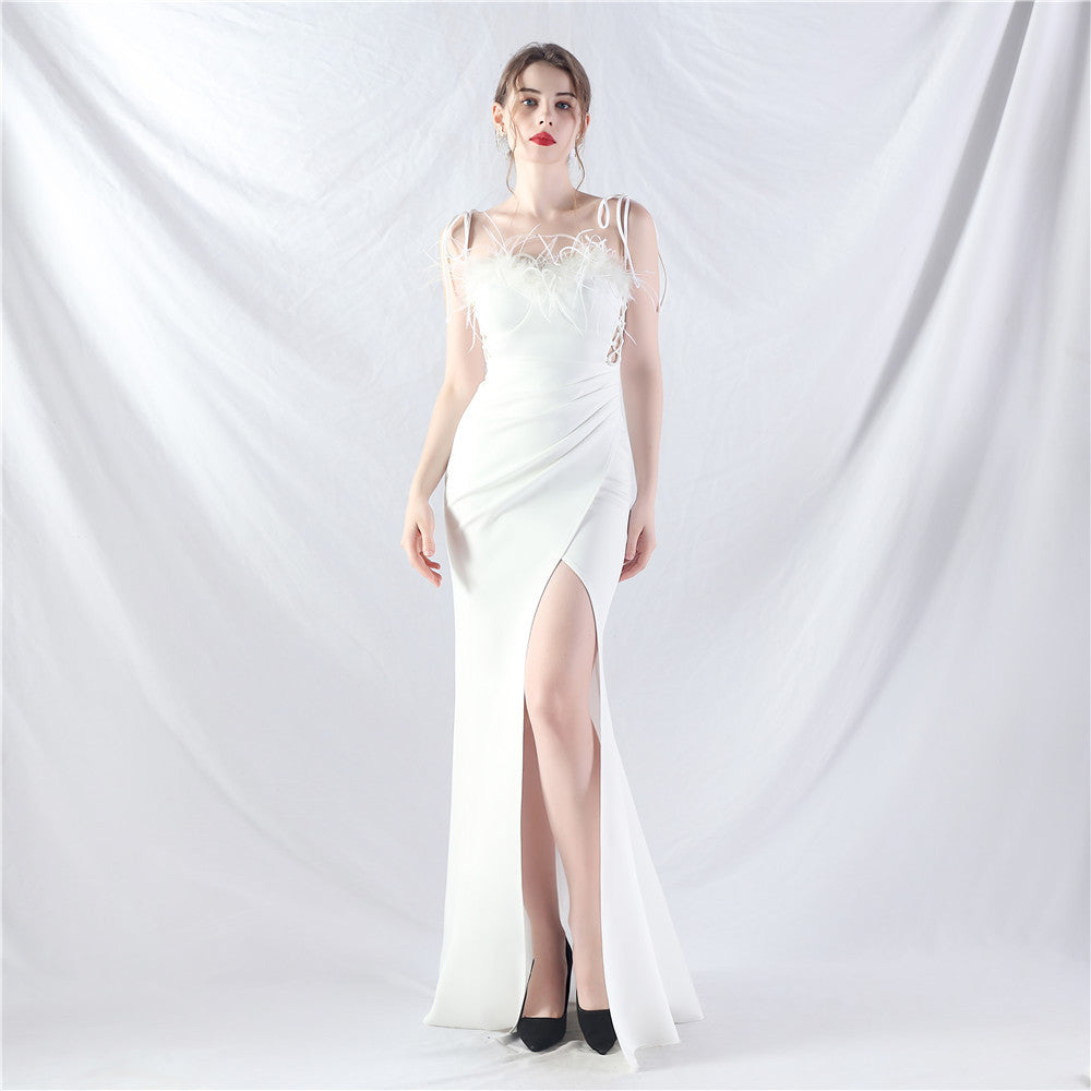 New double-tied waist-shaped ear-adjusted satin evening dress