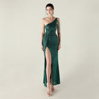 New one-shoulder diagonal collar sequined dress, bead chain decoration, nightclub banquet wedding