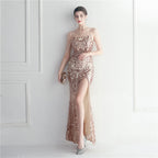 Positioning flower bead slice bead craft foreign trade sexy dress long