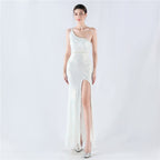 Dress positioning flower bead piece craft bead single shoulder oblique neck high fork evening dress