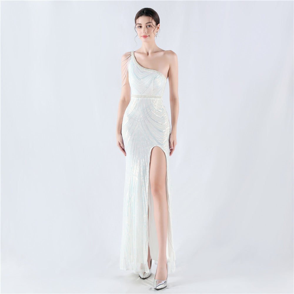 Dress positioning flower bead piece craft bead single shoulder oblique neck high fork evening dress