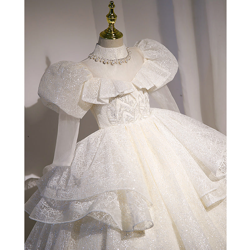 Kommunionkleid für Kleinkinder, Mädchen-Festkleid, weißes Paillettenkleid, bauschiges Prinzessinnenkleid 