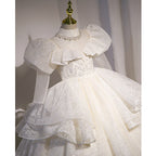 Kommunionkleid für Kleinkinder, Mädchen-Festkleid, weißes Paillettenkleid, bauschiges Prinzessinnenkleid 