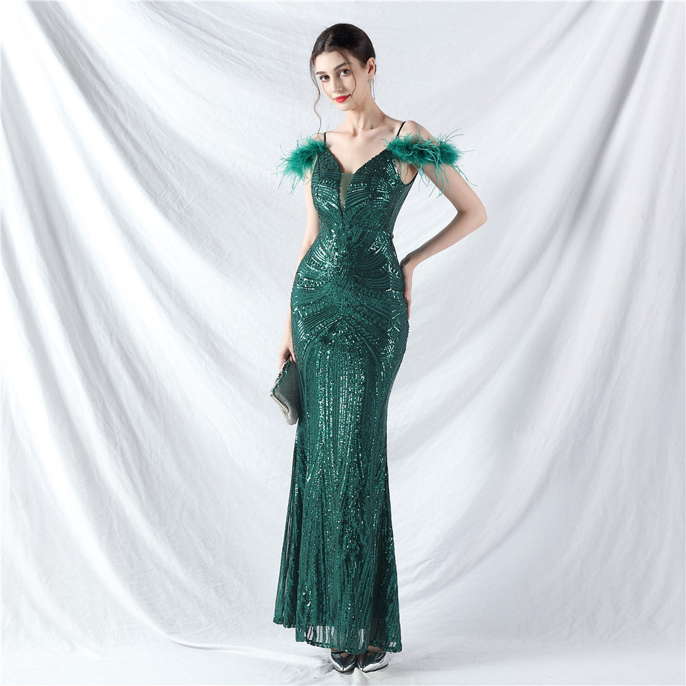 new dress craft order ostrich hair positioning flower bead piece evening dress