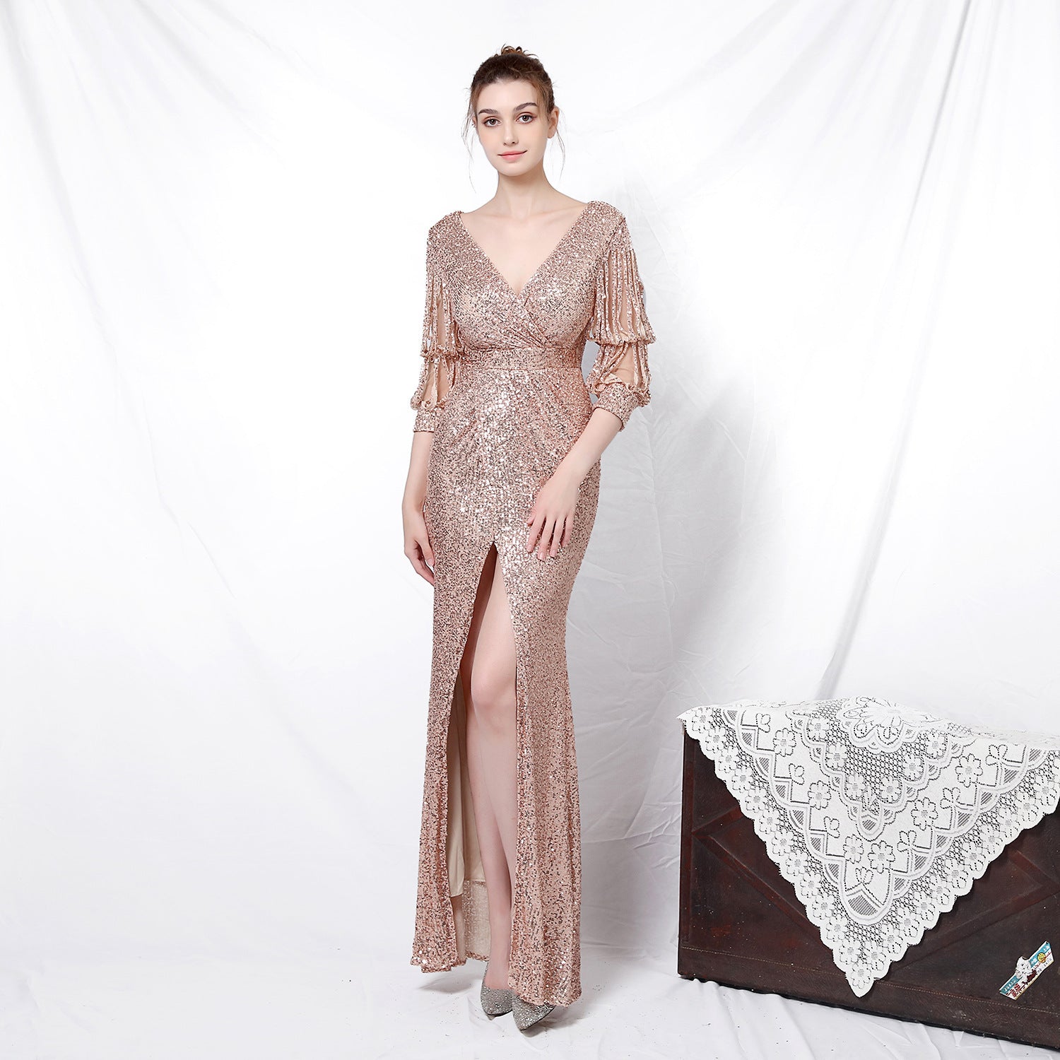 New banquet temperament elegant long medium sleeve sleeve sequined aura queen fishtail, evening dress