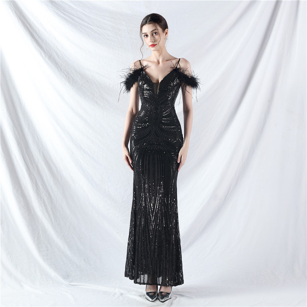 new dress craft order ostrich hair positioning flower bead piece evening dress