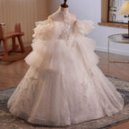 Elegante vestido de princesa de malla abullonada con estampado blanco para niñas pequeñas, vestido largo de primera comunión 