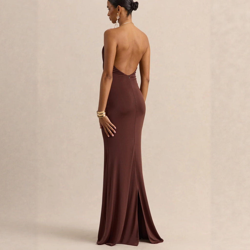 Ruffle Cowl Neck Bodycon Maxi Dress
