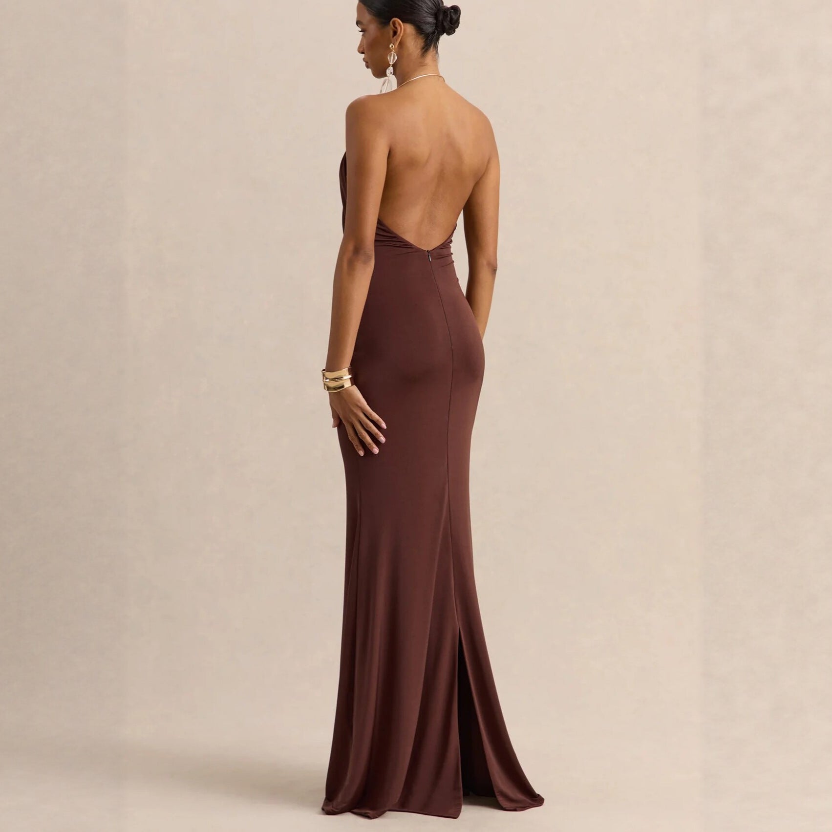 Ruffle Cowl Neck Bodycon Maxi Dress