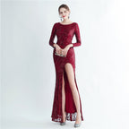 New sequined long-sleeved test split high-end evening dress