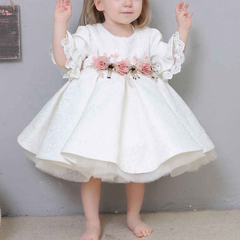 Blumenmädchenkleid, Kleinkind-Kommunionkleid, formelles weißes Kleid mit Schleife und Spitze, Taufkleid 