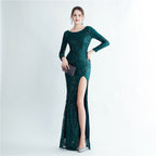 New sequined long-sleeved test split high-end evening dress
