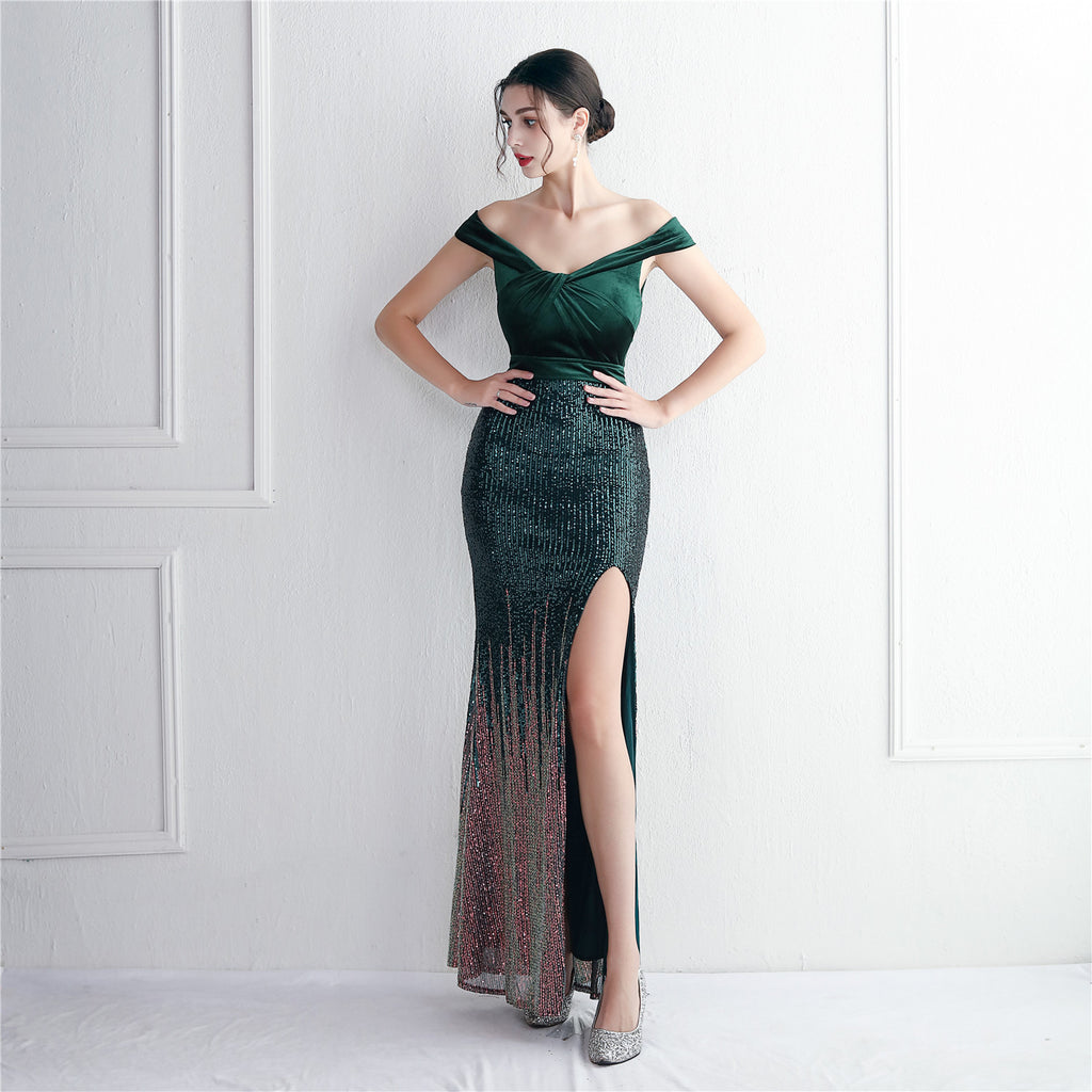 Flannel ten beads new dress long banquet slim evening dress temperament elegant long sequins