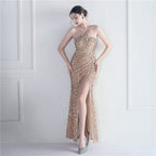 Fleece bottom beads fantasy color shoulder party wedding dinner fishtail long evening dress