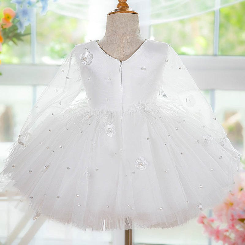 Elegante vestido de primera comunión de malla blanca para bebé, vestido de bautizo para niña pequeña 