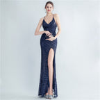 New high-density sequins bundled waist styling side split high-end evening dress