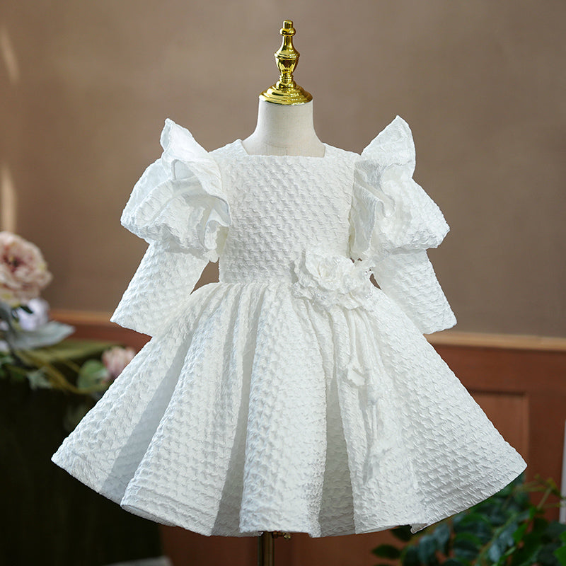 Blumenmädchenkleid, Kleinkind, Prinzessin, Weiß, Langärmelig, Puffärmel, Taufkleid, Festkleid für Taufe, Kommunion, Taufe 