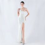 Dress positioning flower bead piece craft bead single shoulder oblique neck high fork evening dress