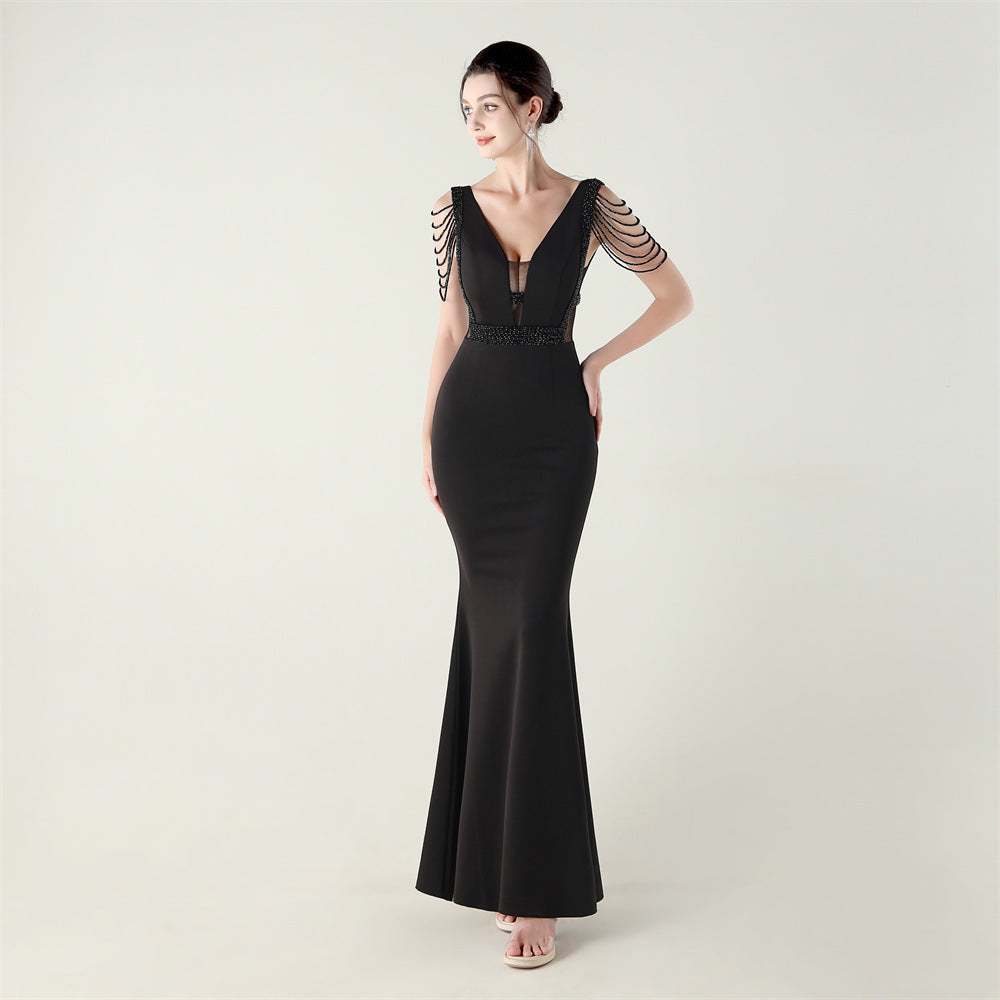 New deep V-neck high-density beads decorative slim-fitting evening dress banquet wedding performance