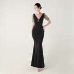 New deep V-neck high-density beads decorative slim-fitting evening dress banquet wedding performance