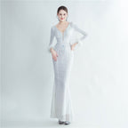 New product positioning flower bead piece craft ostrich hair high-end long-sleeved evening dress