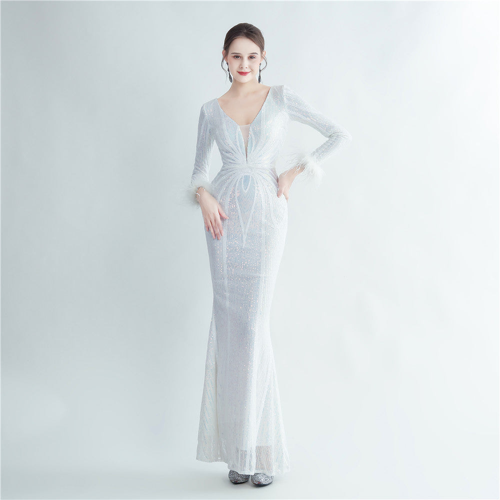 New product positioning flower bead piece craft ostrich hair high-end long-sleeved evening dress