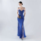 Heavy Industry Hot Drilled Fishbone Vest Lace Lace Bead High Fork Evening Dress