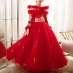Flower Girl Dress Little Girl Communion Dress Winter Fur Red Long Sleeve Pageant Princess Dress