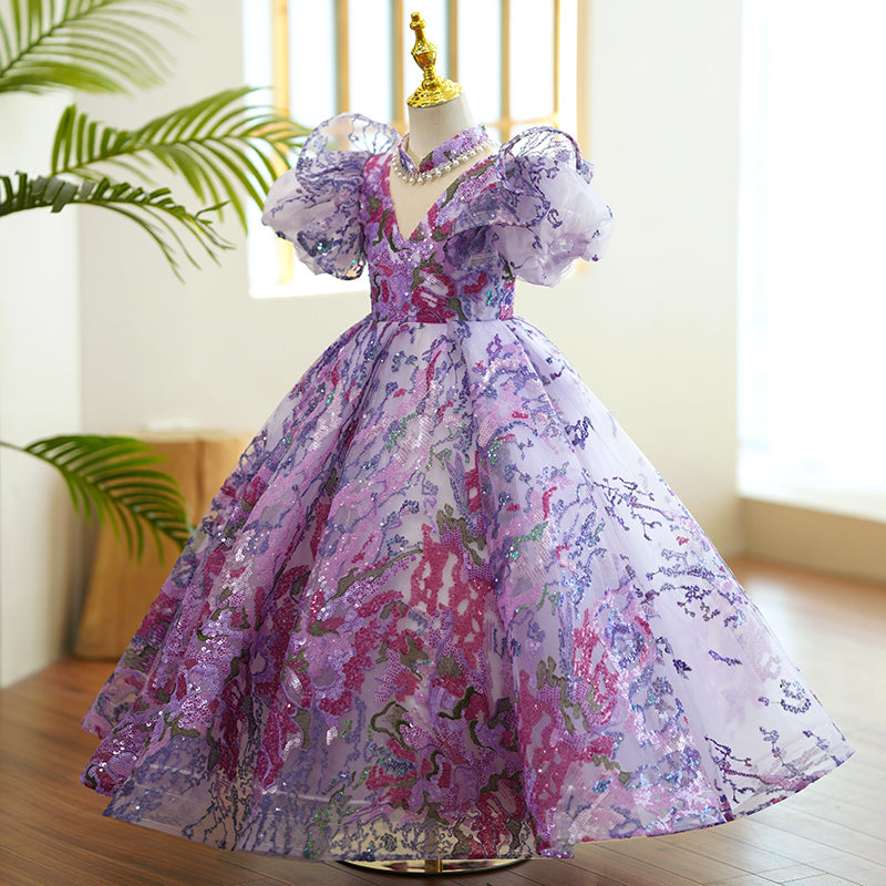 Kommunionkleid für Babys und Kleinkinder, lila Pailletten, bauschig, Prinzessinnenkleid 