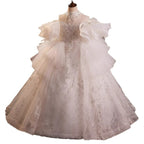Elegante vestido de princesa de malla abullonada con estampado blanco para niñas pequeñas, vestido largo de primera comunión 