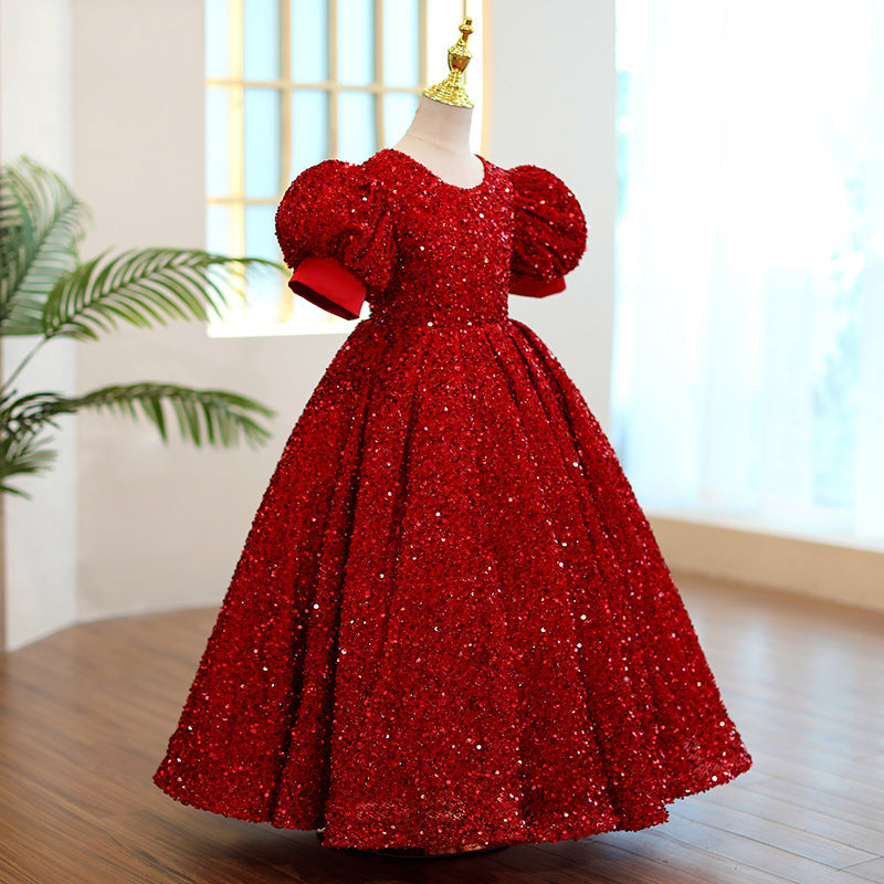 Mädchen Weihnachtskleid, Kommunionskleid, rotes Paillettenkleid mit Rundhalsausschnitt, Geburtstagskleid, Prinzessinnenkleid 