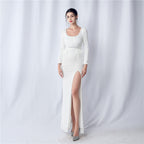 New craft nailed ostrich bead long-sleeved evening dress