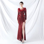 New craft ostrich hair long-sleeved bead evening dress