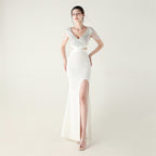 New folding positioning process bead chain shoulder decoration deep V hollow thin banquet evening dress