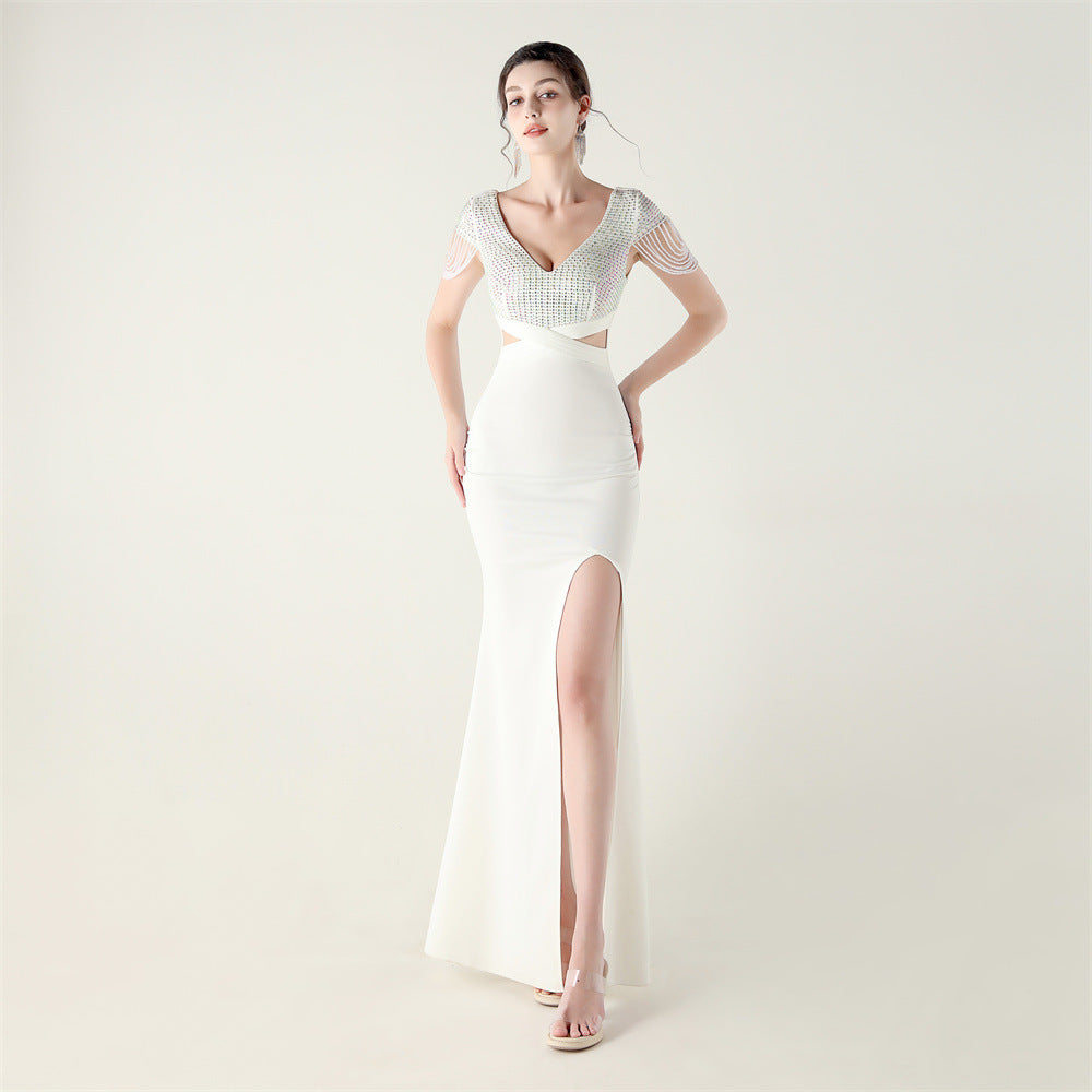 New folding positioning process bead chain shoulder decoration deep V hollow thin banquet evening dress