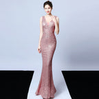 New banquet temperament elegant long sleeveless sequins aura queen fishtail, evening dress