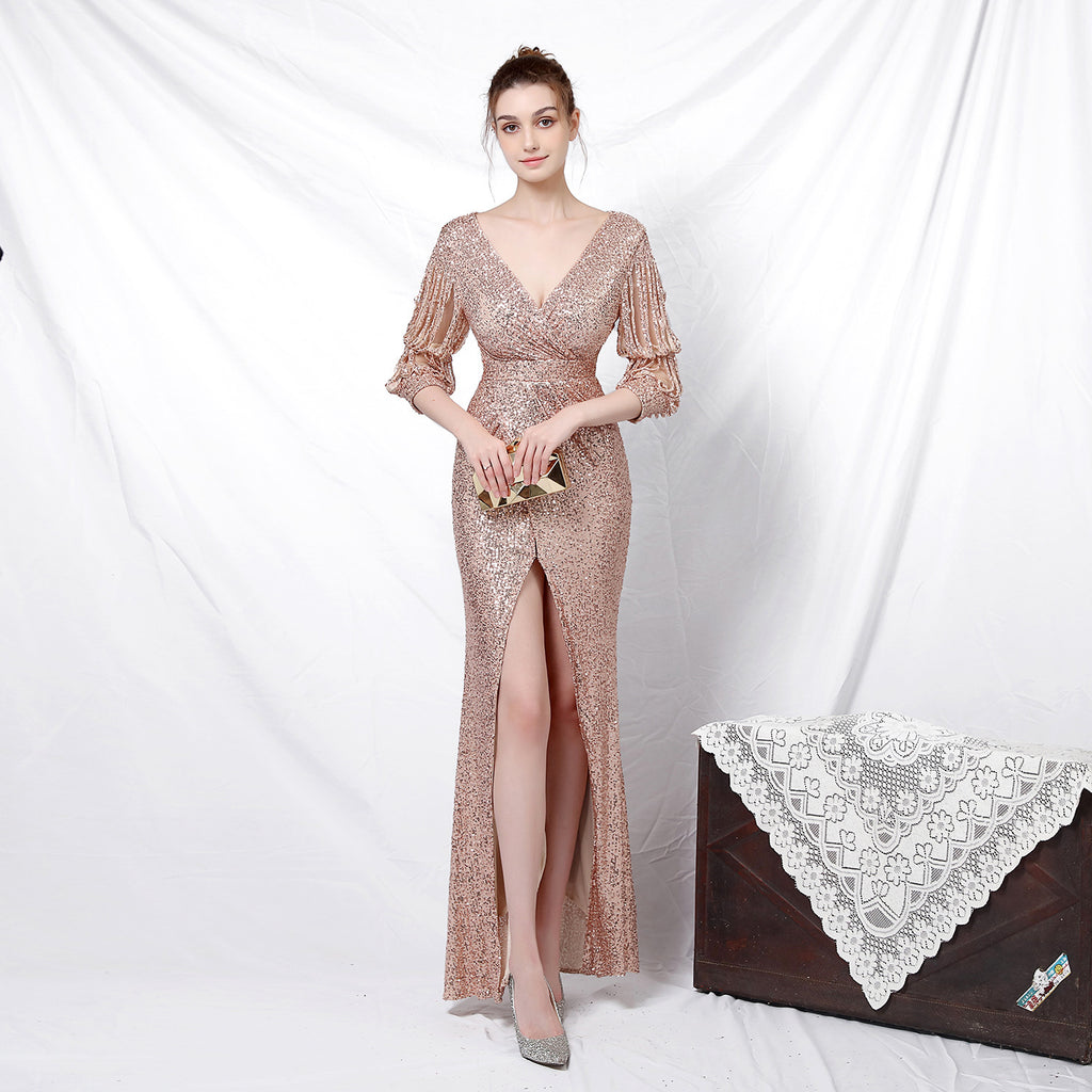 New banquet temperament elegant long medium sleeve sleeve sequined aura queen fishtail, evening dress