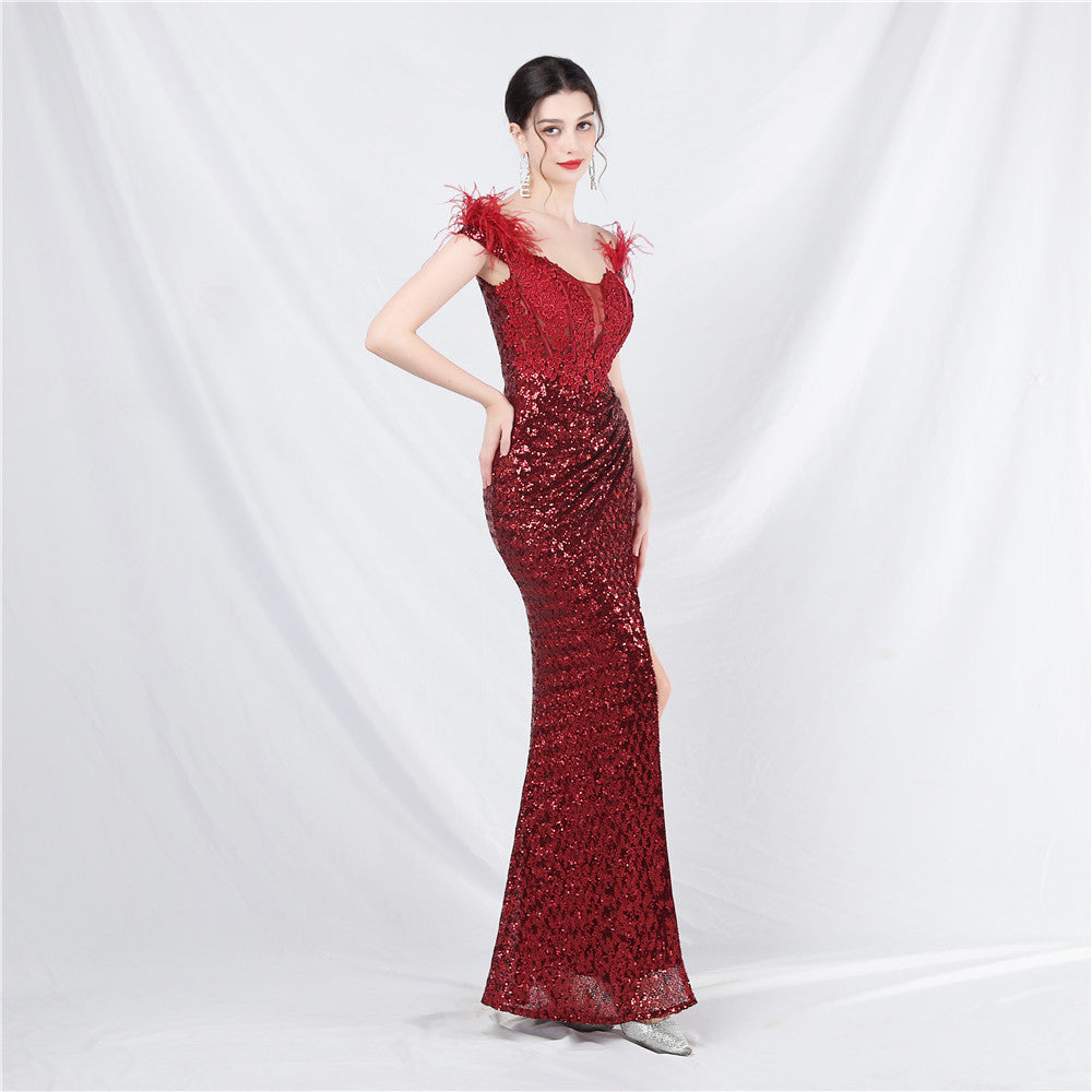 Ostrich hair lace hot diamond court vest fish bone waist high-end evening dress