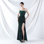 Court fishbone vest waist handmade ostrich plush bottom beads high-end evening dress
