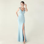 New cross-pleated hollow mesh deep V-neck evening dress slim banquet robe