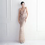 Positioning flower suspender party sequined dress long banquet slim evening dress temperament fishtail skirt