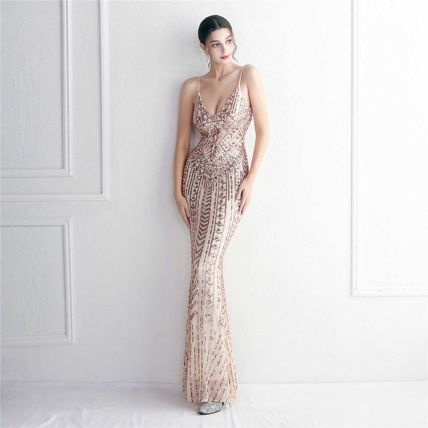 Positioning flower suspender party sequined dress long banquet slim evening dress temperament fishtail skirt